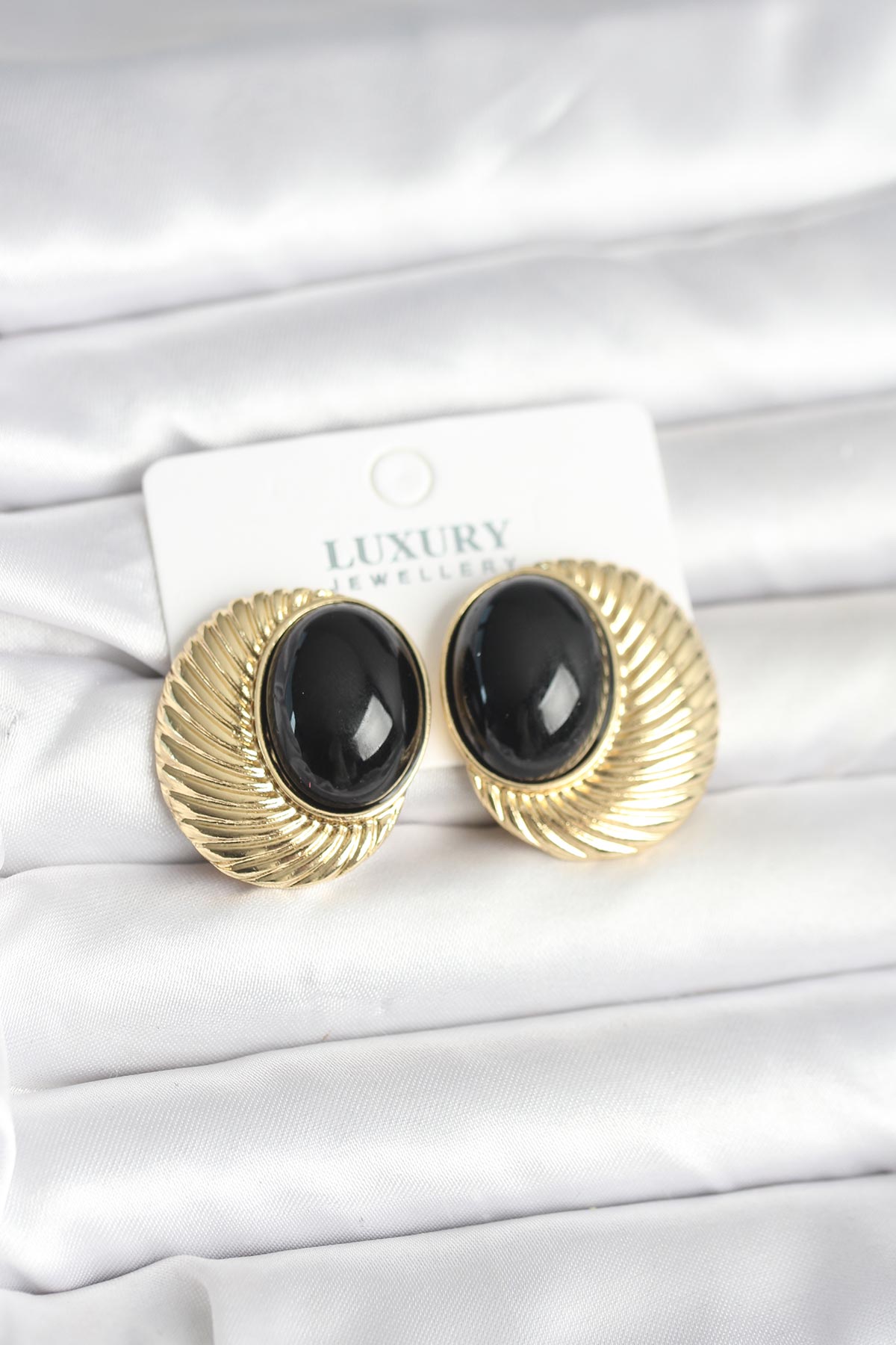 Pirinç Gold Kaplama Siyah Boncuklu Oval Vintage Kadın Küpe