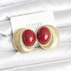 Pirinç Gold Kaplama Bordo Boncuklu Oval Vintage Kadın Küpe