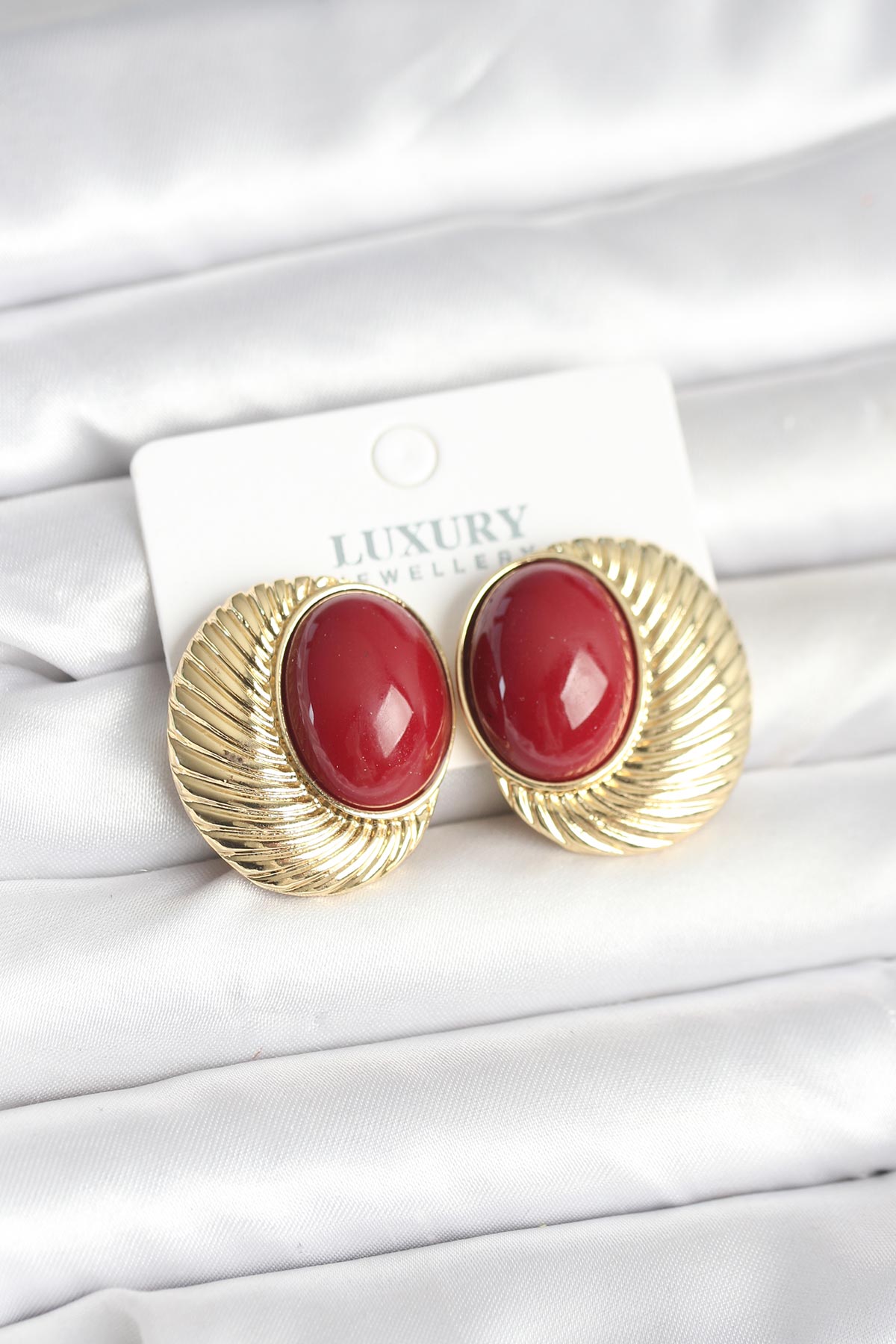 Pirinç Gold Kaplama Bordo Boncuklu Oval Vintage Kadın Küpe