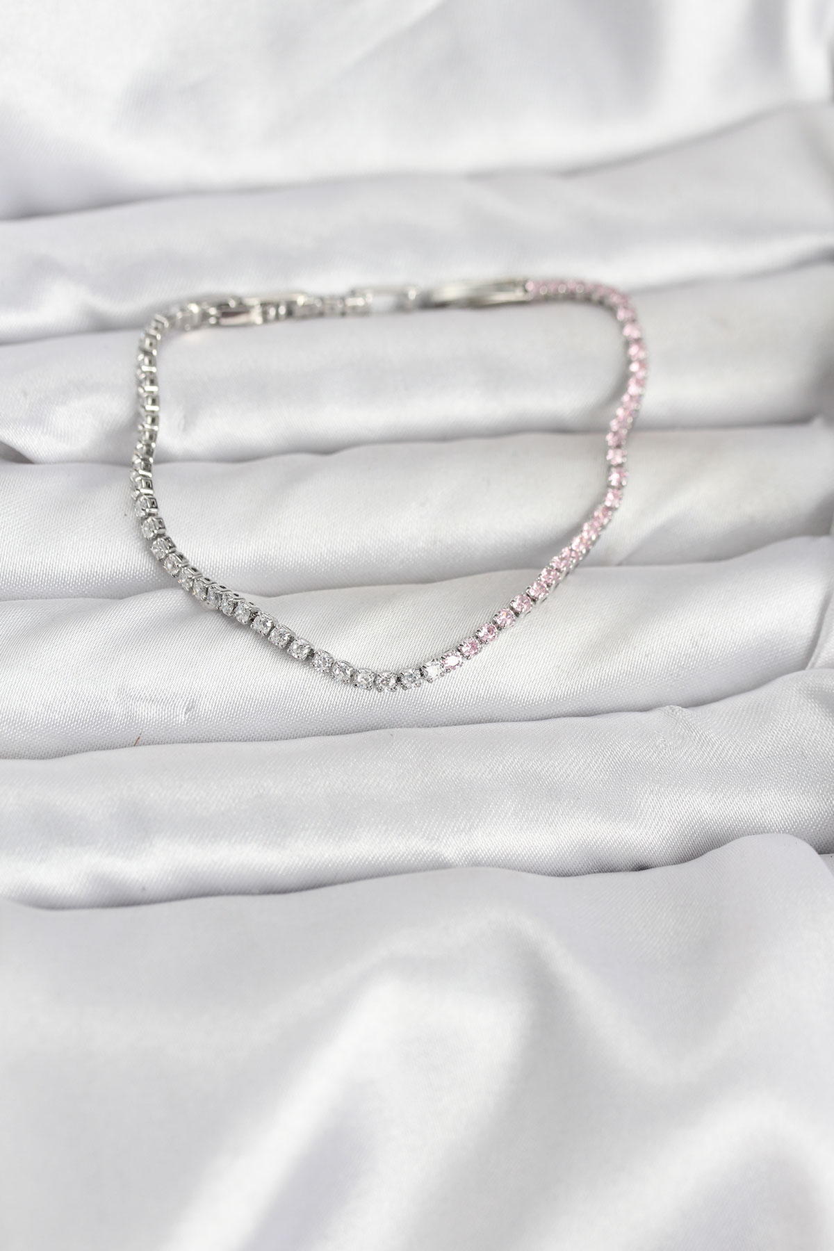 Su Yolu Bileklik Pembe Beyaz Zirkon Taşlı Gümüş Kaplama