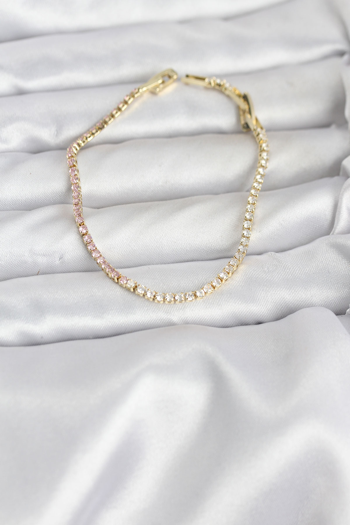 Su Yolu Bileklik Pembe Beyaz Zirkon Taşlı Gold Kaplama