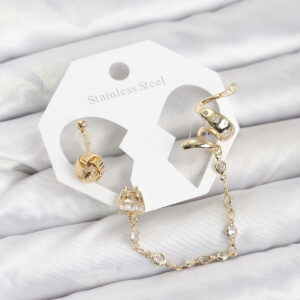 Yılan Model Zincir Bağlantılı Ear Cuff Küpe Seti Altın Kaplama Zirkon Taşlı