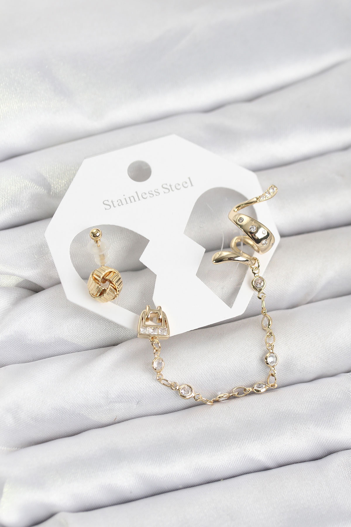 Yılan Model Zincir Bağlantılı Ear Cuff Küpe Seti Altın Kaplama Zirkon Taşlı
