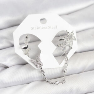 Kelebek Model Zincir Bağlantılı Ear Cuff Küpe Seti Gümüş Kaplama Zirkon Taşlı