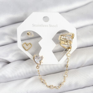 Kalp Model Ear Cuff Küpe Seti Zincir Bağlantılı Zirkon Taşlı