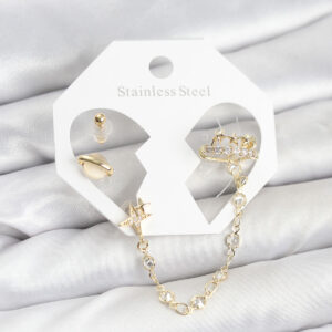 Gold Renk Zincir Bağlantılı Ear Cuff Küpe Seti Zirkon Taşlı