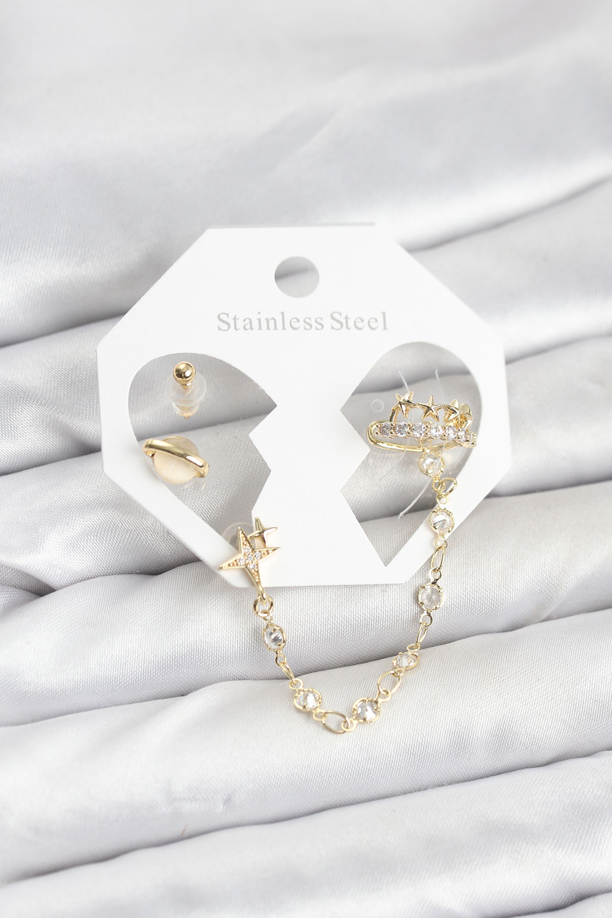 Gold Renk Zincir Bağlantılı Ear Cuff Küpe Seti Zirkon Taşlı