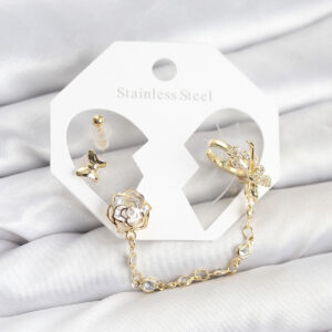Kelebek Zincirli Ear Cuff Küpe Seti Altın Kaplama Zirkon Taşlı