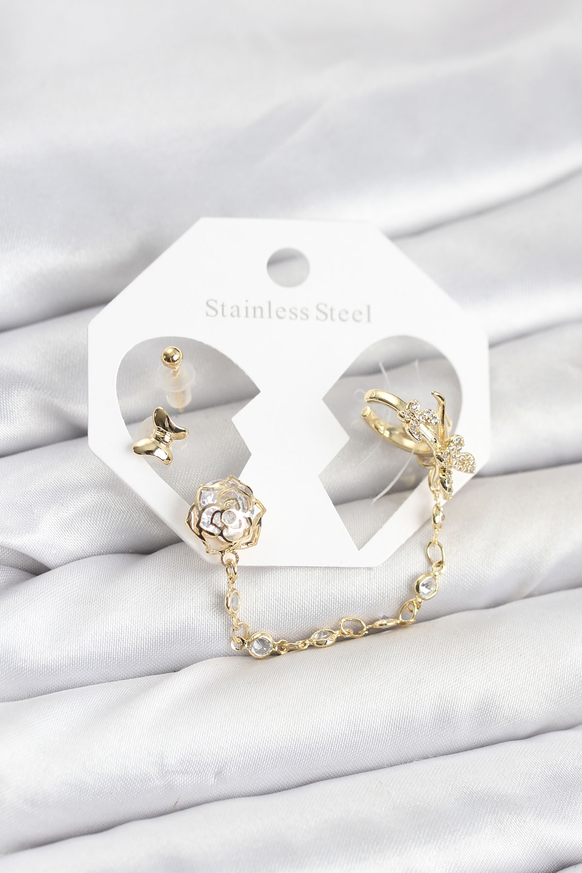 Kelebek Zincirli Ear Cuff Küpe Seti Altın Kaplama Zirkon Taşlı