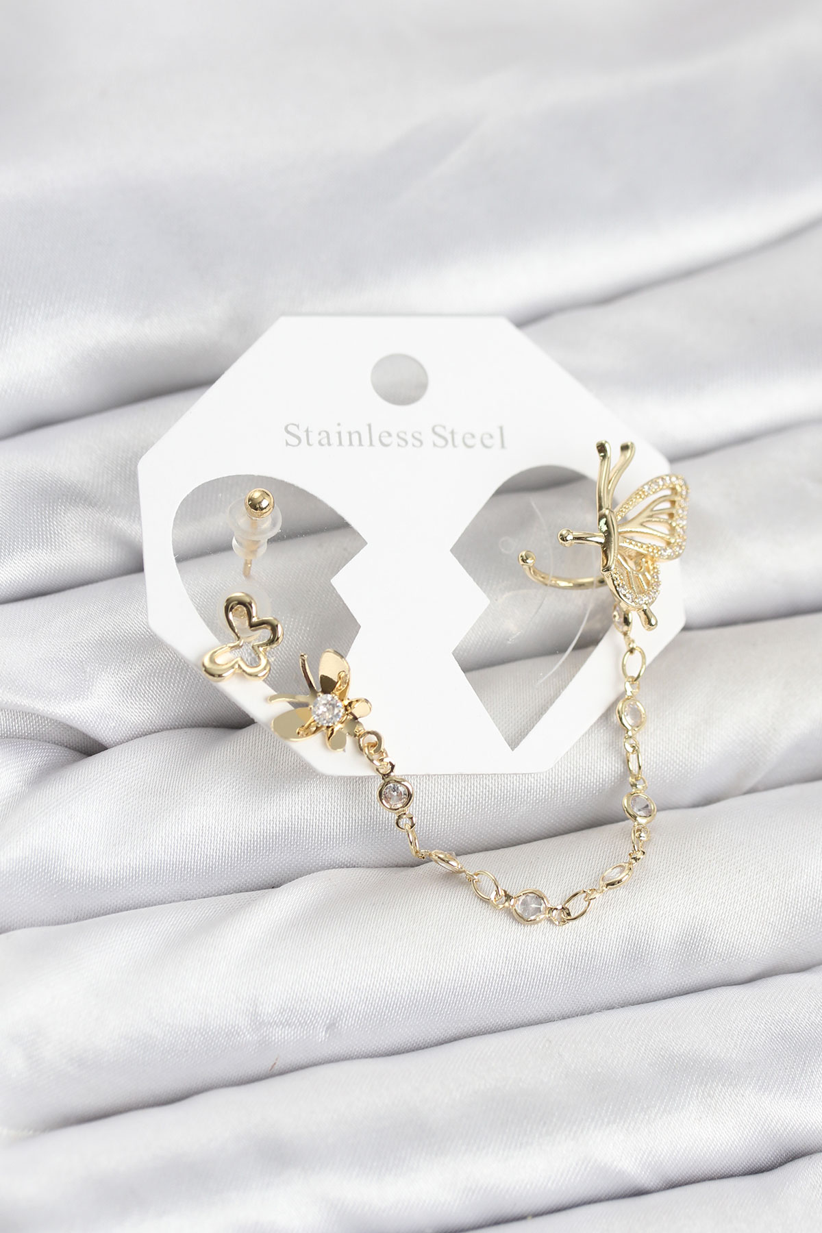 Kelebekli Ear Cuff Küpe Seti Zirkon Taşlı Altın Kaplama Zincirli