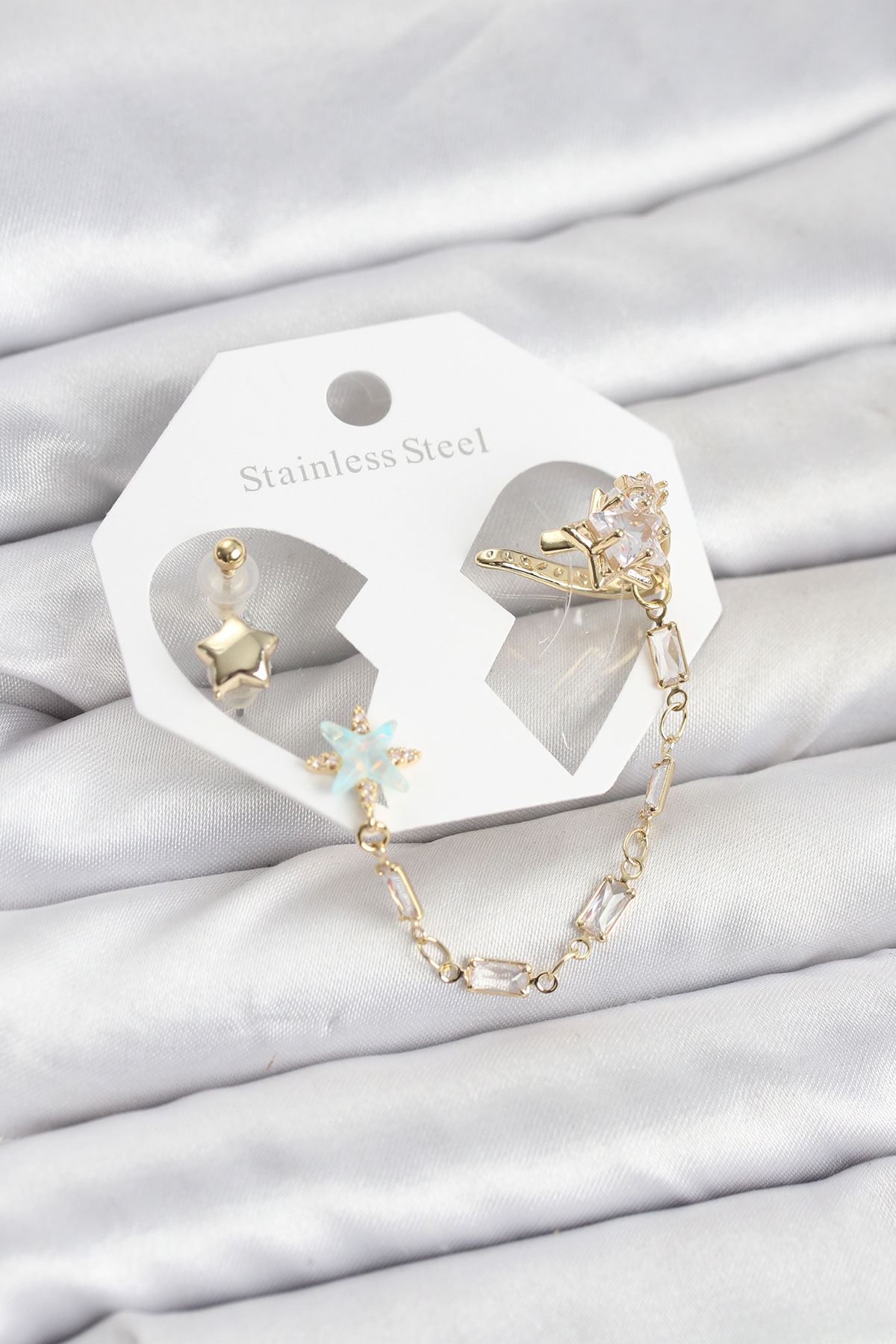 Yıldız Model Zincir Bağlantılı Ear Cuff Küpe Zirkon Taşlı
