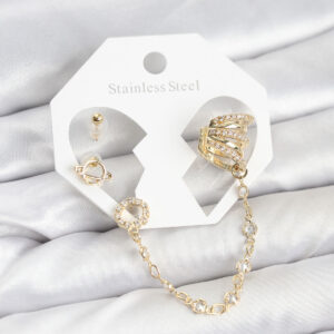 Uzay Model Zincir Bağlantılı Ear Cuff Küpe Seti Gold Zirkon Taşlı