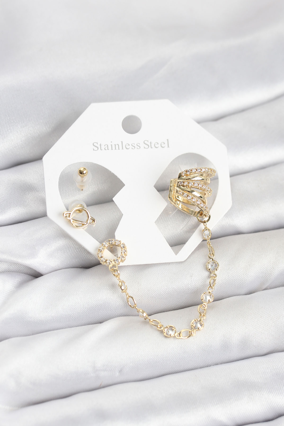 Uzay Model Zincir Bağlantılı Ear Cuff Küpe Seti Gold Zirkon Taşlı