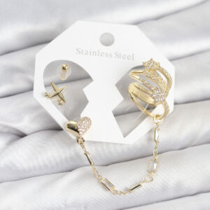 Kalp Yıldız Zincir Ear Cuff Küpe Seti Zirkon Taşlı Gold