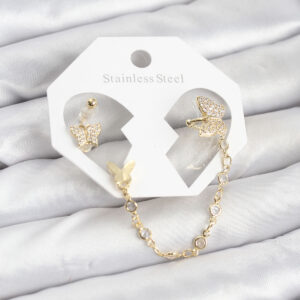 Kelebek Model Zincir Bağlantılı Ear Cuff Küpe Seti Gold