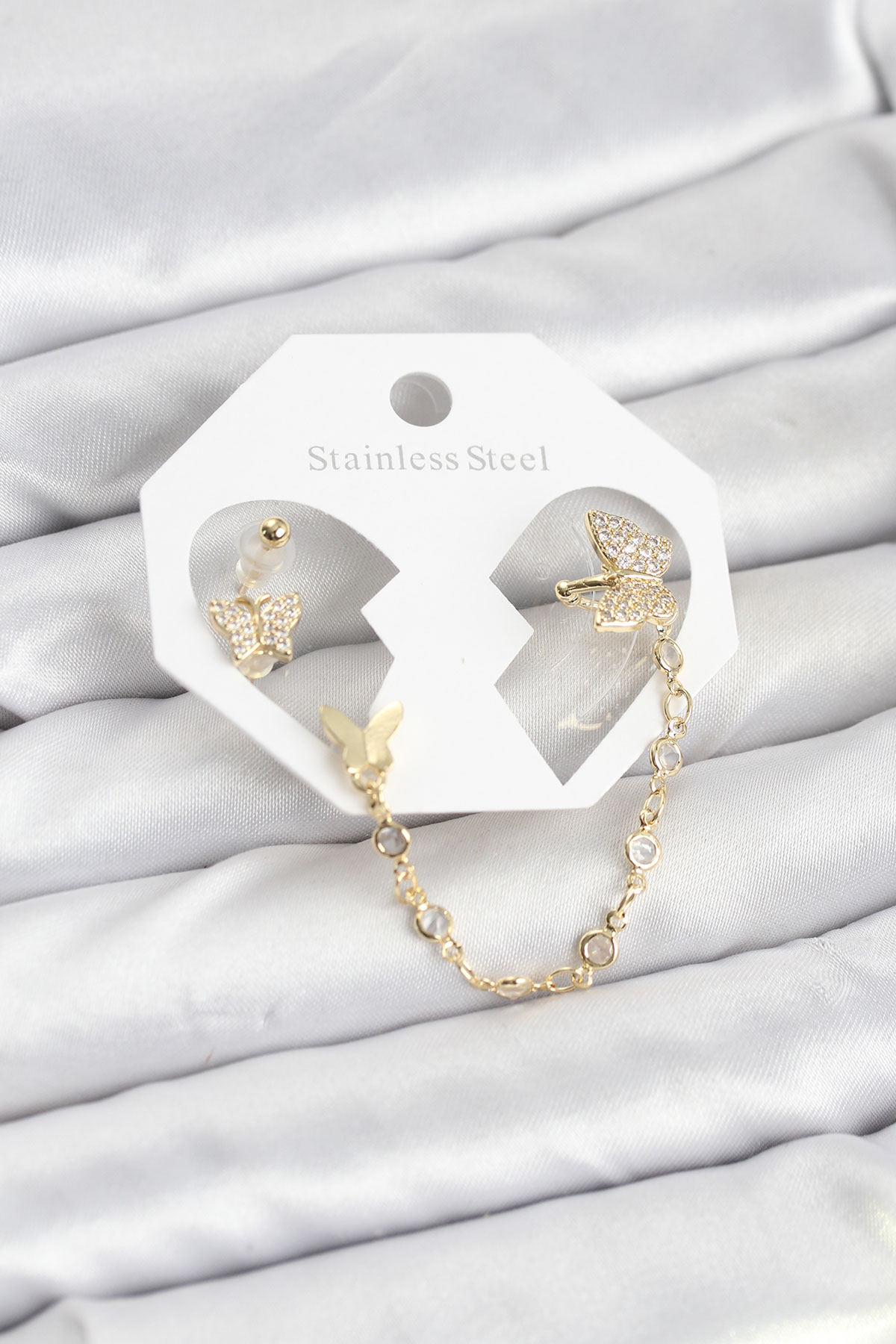 Kelebek Model Zincir Bağlantılı Ear Cuff Küpe Seti Gold