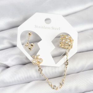 Kiraz Model Zincir Bağlantılı Ear Cuff Küpe Seti Gold Zirkon Taşlı