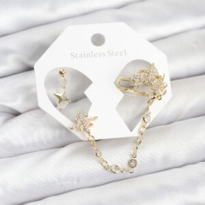 Kutup Yıldızı Ear Cuff Küpe Seti Zirkon Taşlı Zincirli Gold