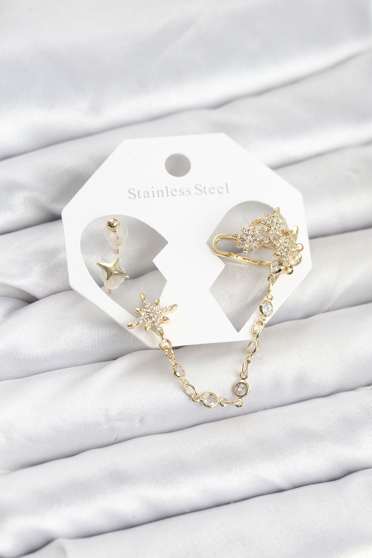 Kutup Yıldızı Ear Cuff Küpe Seti Zirkon Taşlı Zincirli Gold