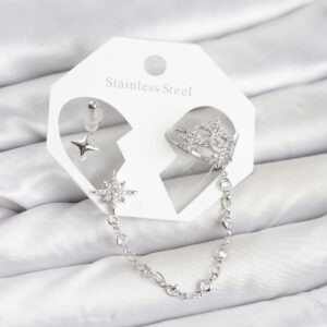 Kutup Yıldızı Ear Cuff Küpe Seti Zincir Bağlantılı Gümüş Renk Zirkon Taşlı