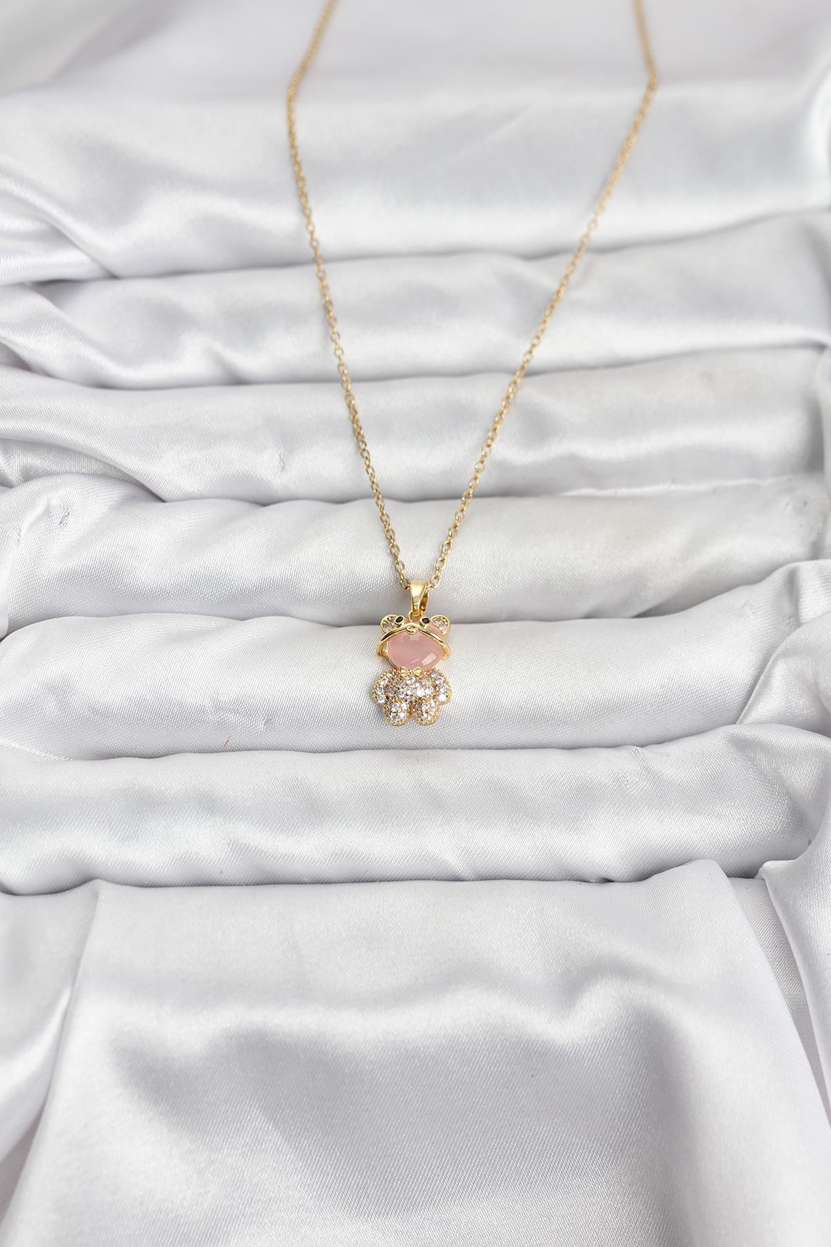 316L Çelik Teddy Bear Model Zirkon Taşlı Gold Kadın Kolye - Görsel 2