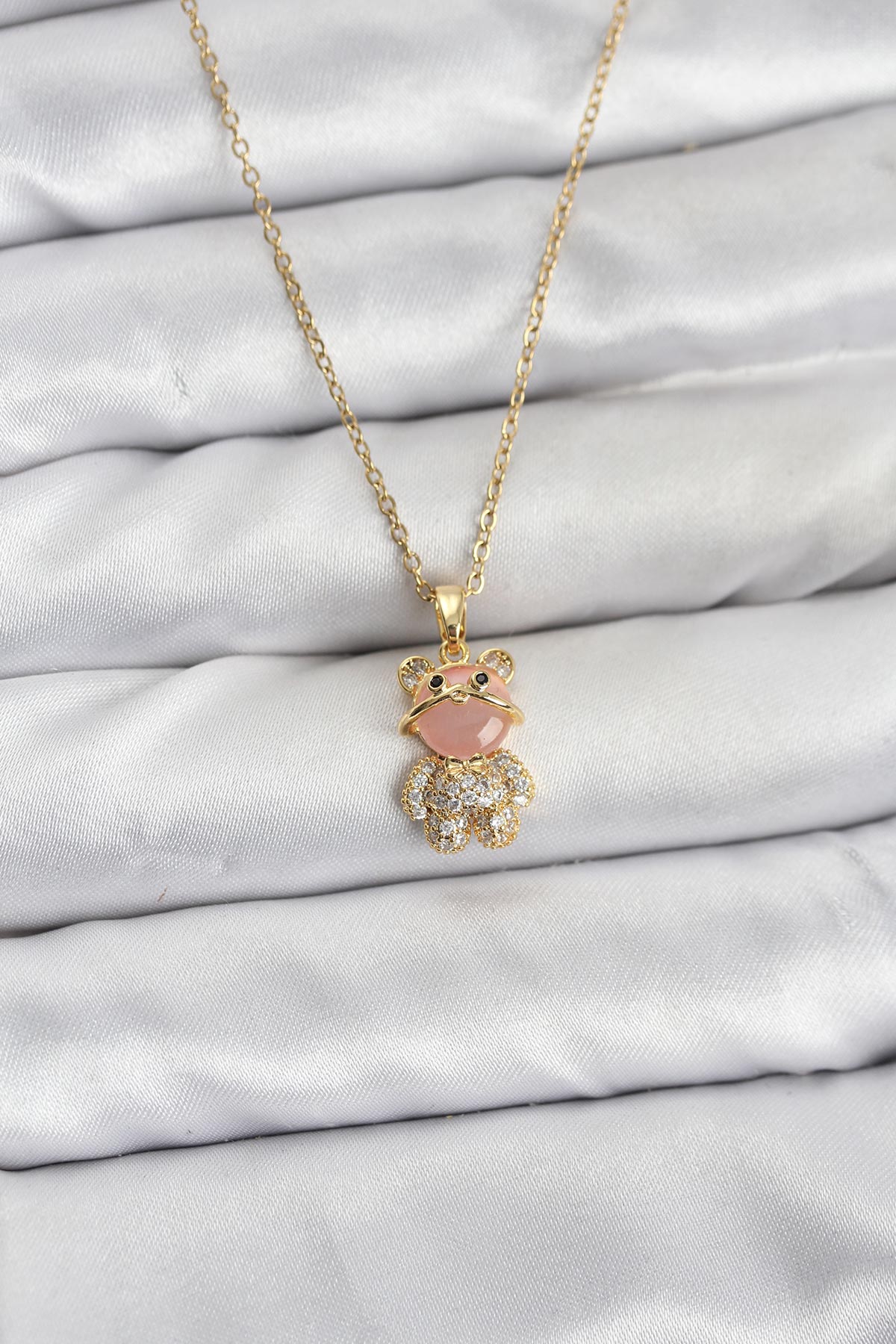 316L Çelik Teddy Bear Model Zirkon Taşlı Gold Kadın Kolye