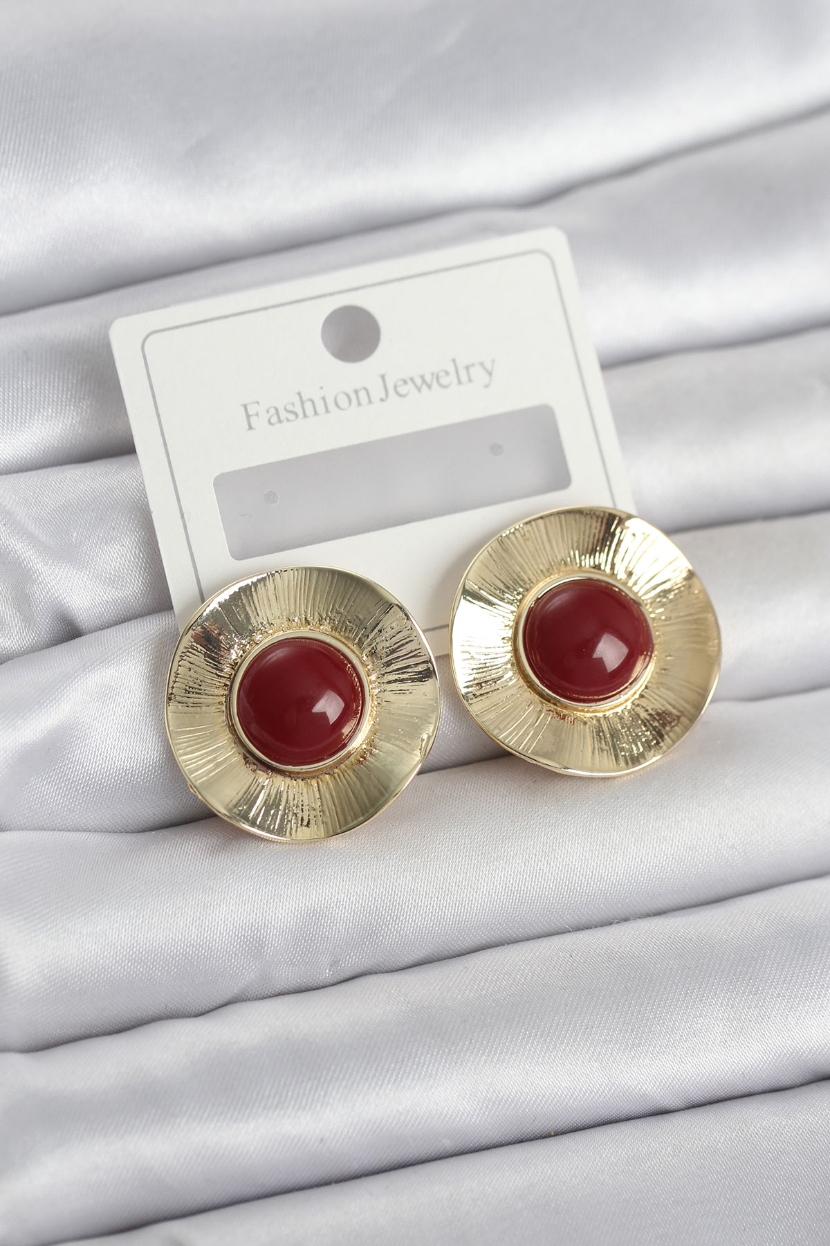 Vintage Model Bordo Gold Pirinç Kadın Küpe - Görsel 2
