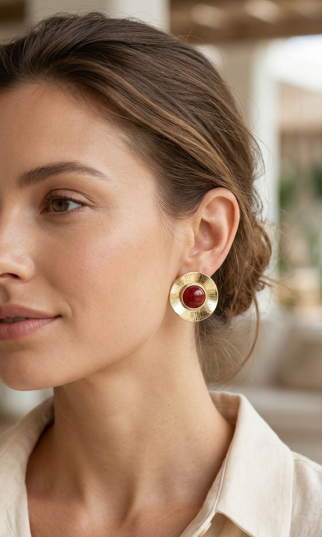 Vintage Model Bordo Gold Pirinç Kadın Küpe