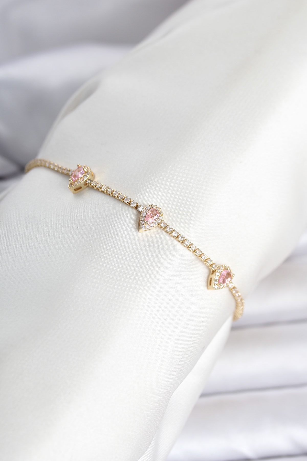 Gold Kaplama Pembe Damla Taşlı Su Yolu Bileklik