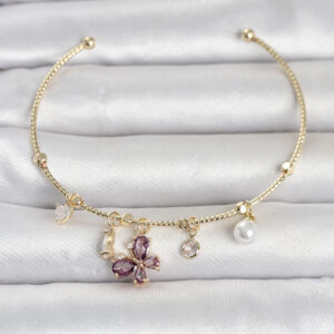 Kadın Bileklik Gold Kaplama Mor Kelebek Charm Zirkon Taşlı