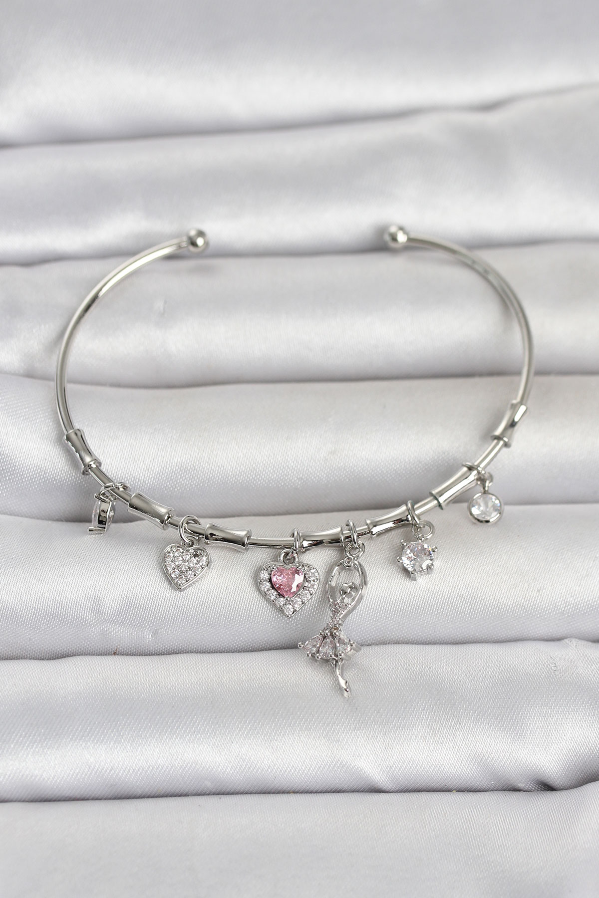 Gümüş Renk Balerin Charmlı Zirkon Taşlı Kadın Bileklik