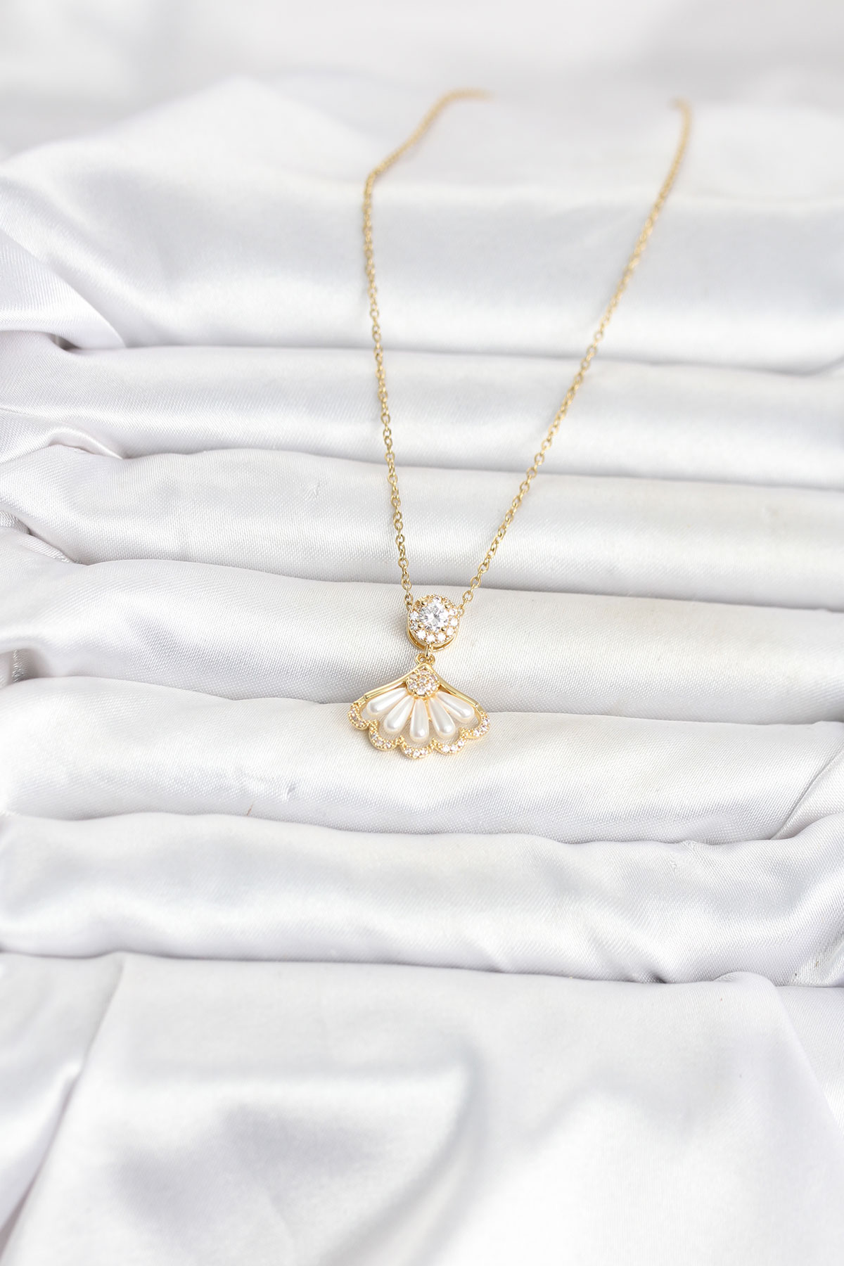 316L Çelik Yelpaze Model Gold Kolye Zirkon Taşlı - Görsel 2