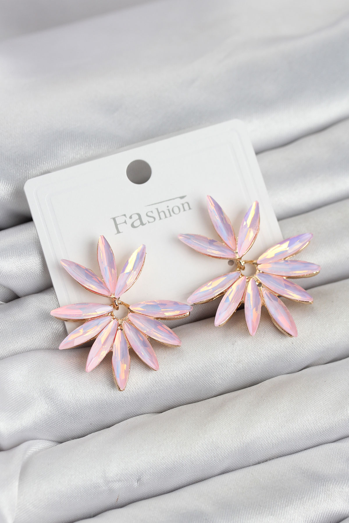 Lotus Model Pembe Kristal Taşlı Altın Kaplama Kadın Küpe
