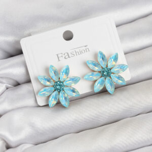 Kadın Küpe Buz Mavisi Kristal Taşlı Lotus Çiçek Model Altın Kaplama