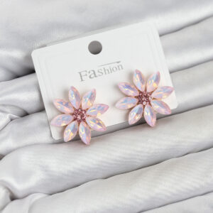 Kadın Küpe Pembe Kristal Taşlı Lotus Çiçek Model Altın Kaplama