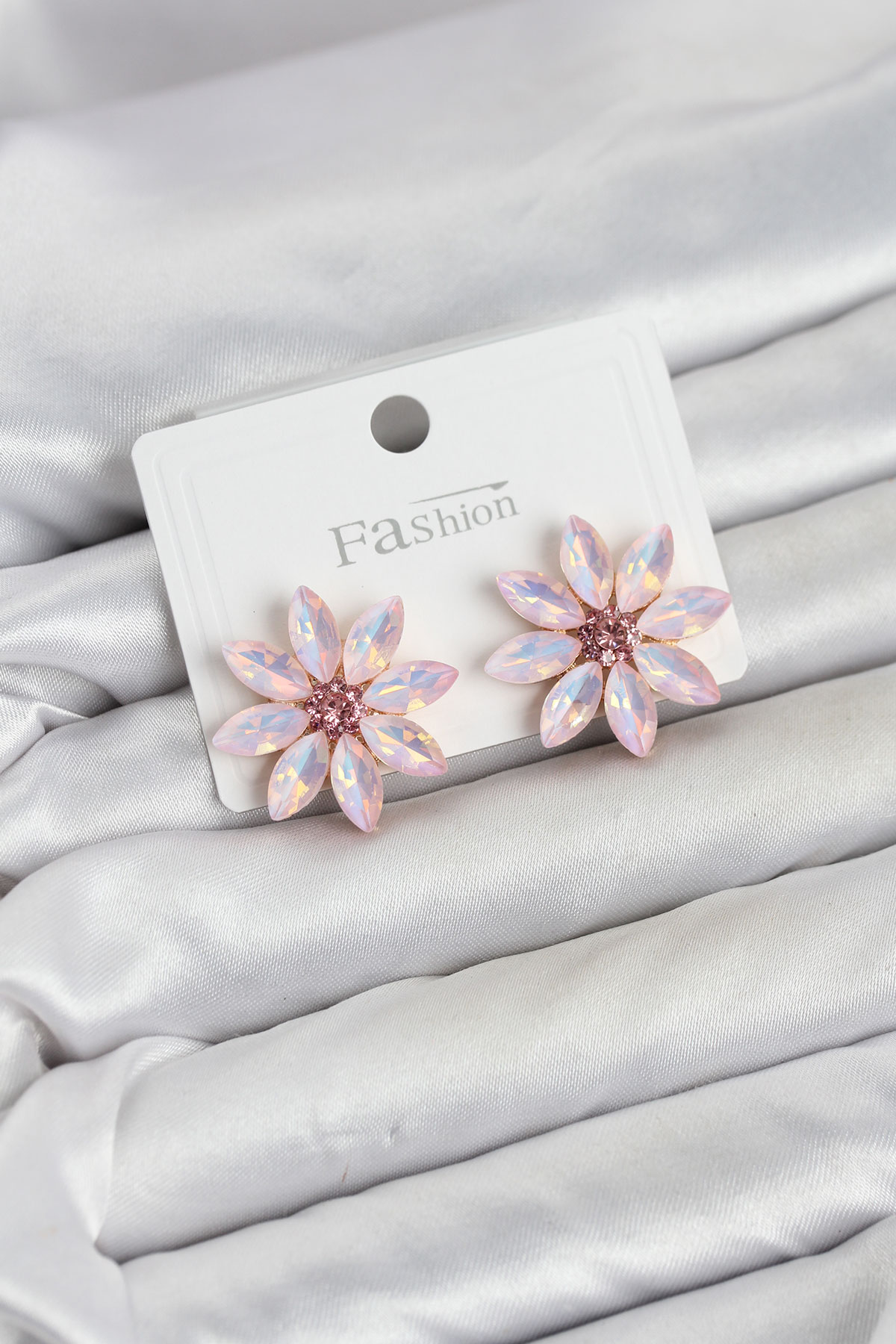 Kadın Küpe Pembe Kristal Taşlı Lotus Çiçek Model Altın Kaplama