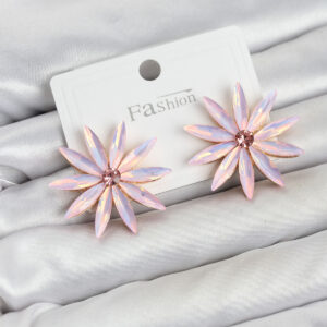 Pembe Kristal Taşlı Lotus Model Küpe Altın Kaplama Kadın