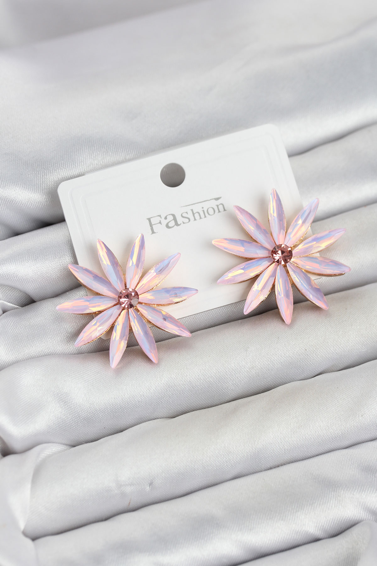 Pembe Kristal Taşlı Lotus Model Küpe Altın Kaplama Kadın