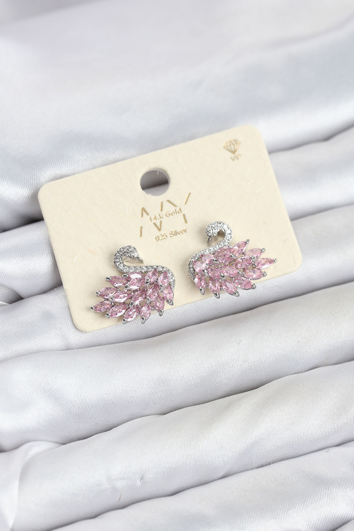 Kuğu Model Küpe Pembe Zirkon Taşlı Gümüş Kaplama
