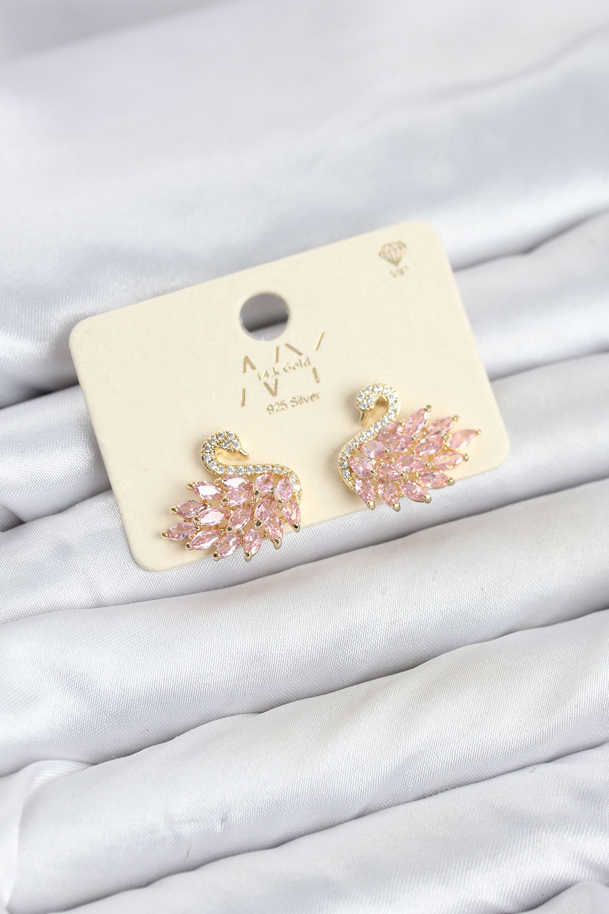 Kuğu Model Kadın Küpe Pembe Zirkon Taşlı Gold Kaplama - Görsel 2