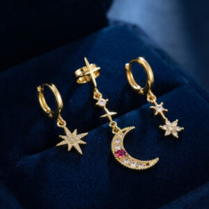 Küpe Ay ve Yıldız Model 3lü Set Gold Renk
