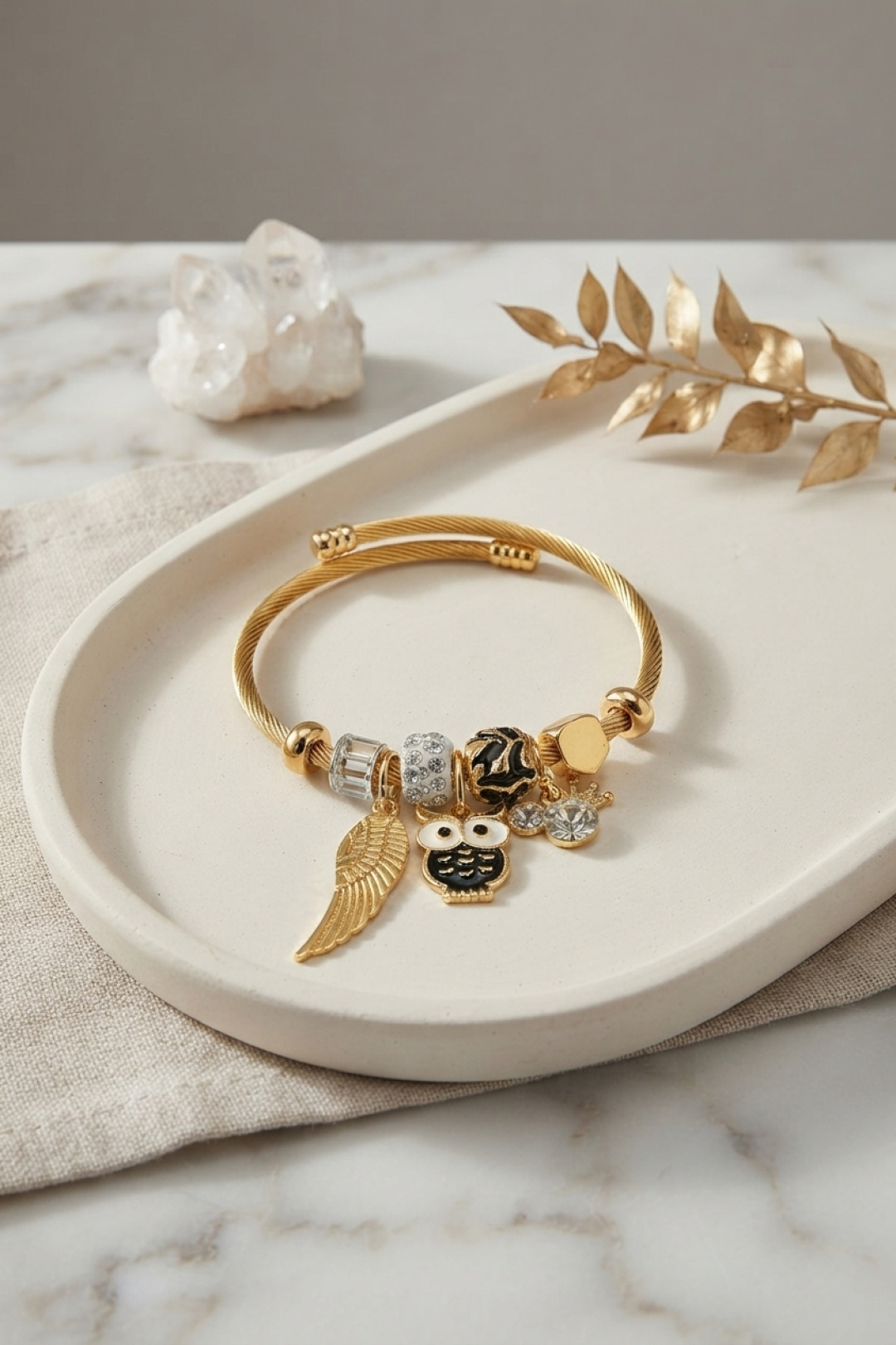 Kadın Bileklik Baykuş Charmlı Zirkon Taşlı Gold Renk Çelik