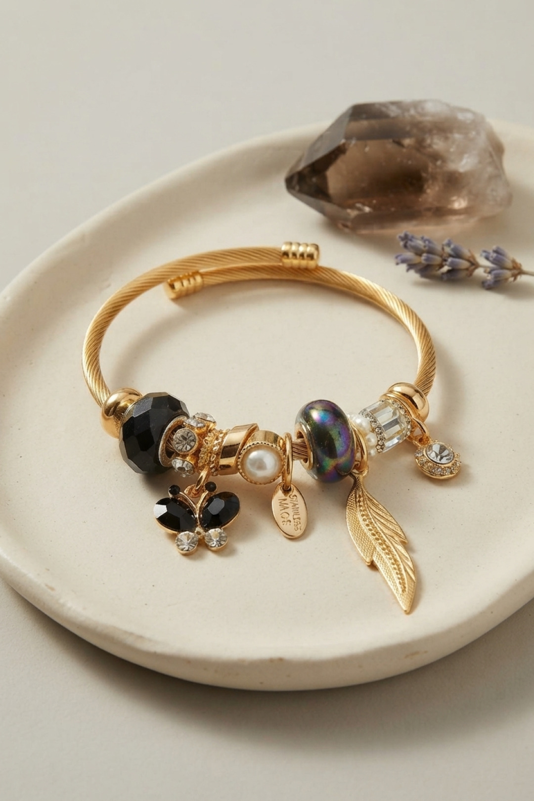Kelebek Charm Bileklik Zirkon Taşlı Altın Kaplama Çelik
