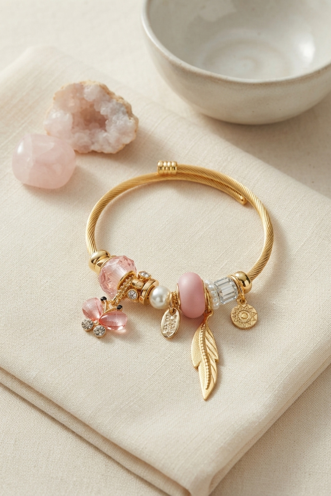 Bileklik Zirkon Taşlı Kelebek Charm Altın Kaplama Çelik Pembe