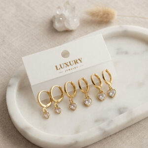 Kalp Zirkon Taşlı Gold Pirinç Set Küpe