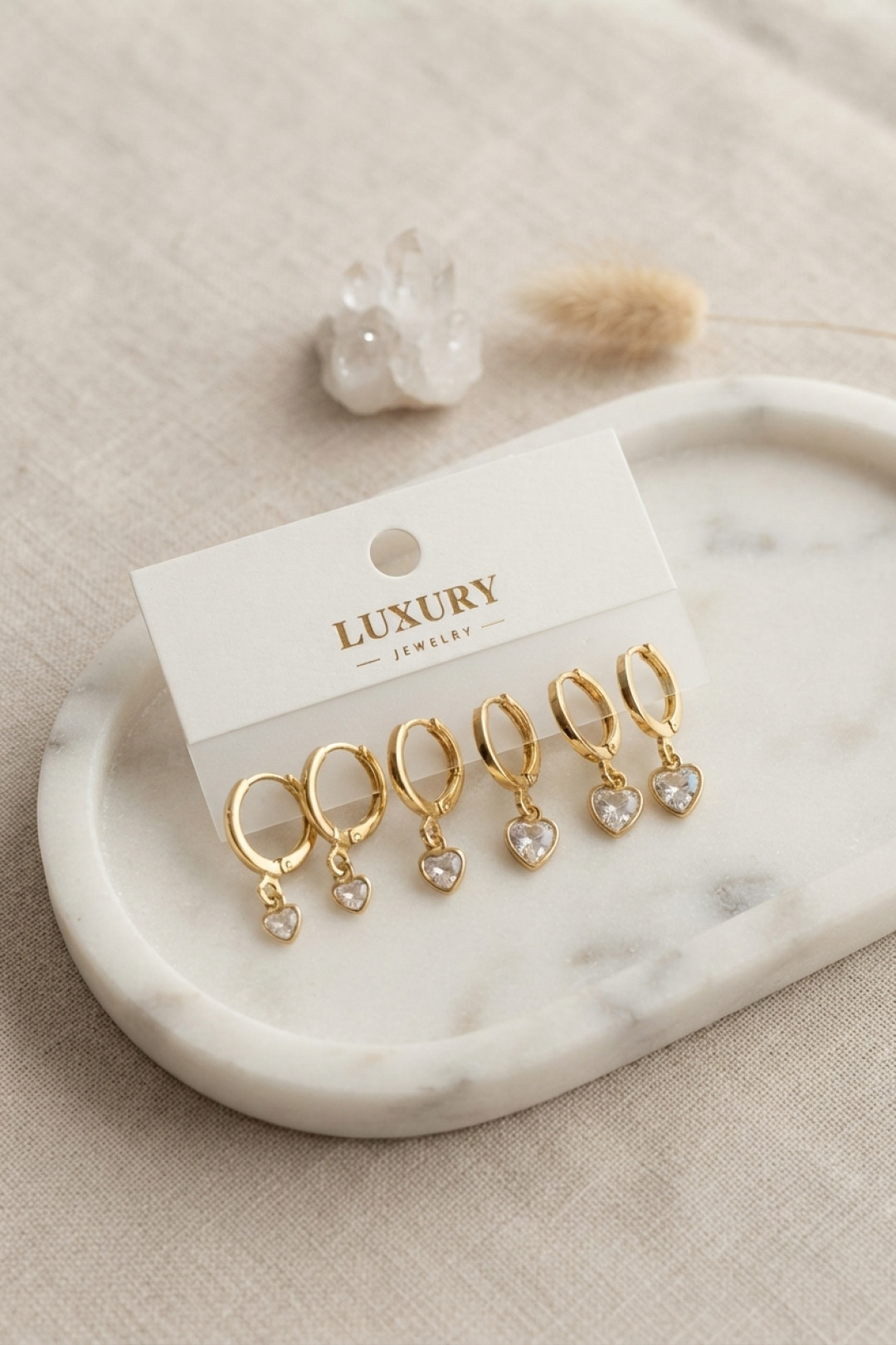 Kalp Zirkon Taşlı Gold Pirinç Set Küpe