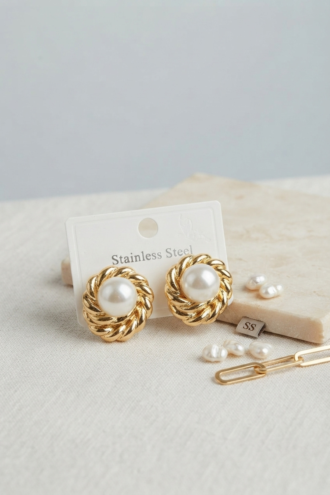 Kadın Küpe 316L Çelik Gold Renk İncili Model