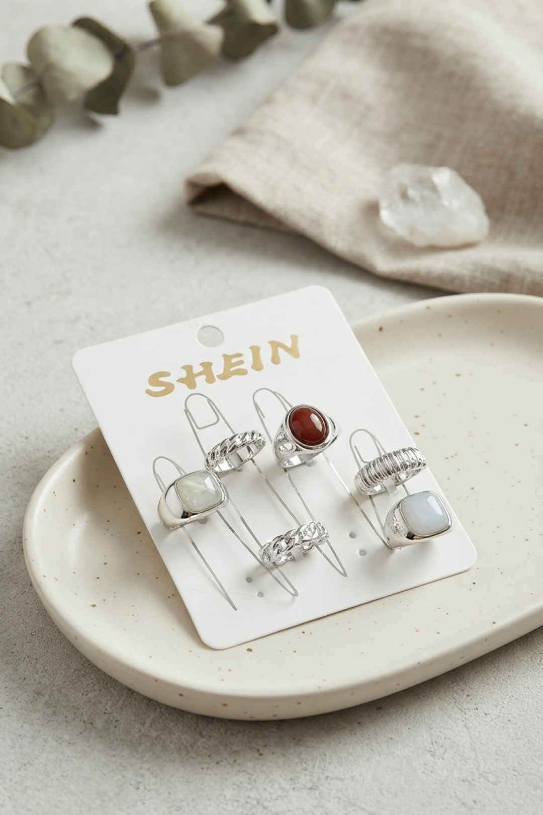 Gümüş Kaplama Pirinç Kristal Taşlı Bohem Yüzük Kombini
