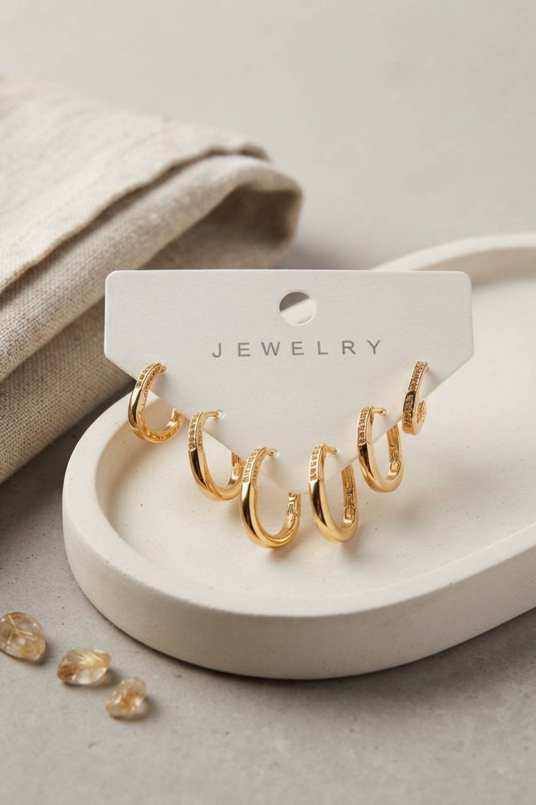 Pirinç Kare Halka Küpe Seti Gold Zirkon Taşlı İnce Tasarım