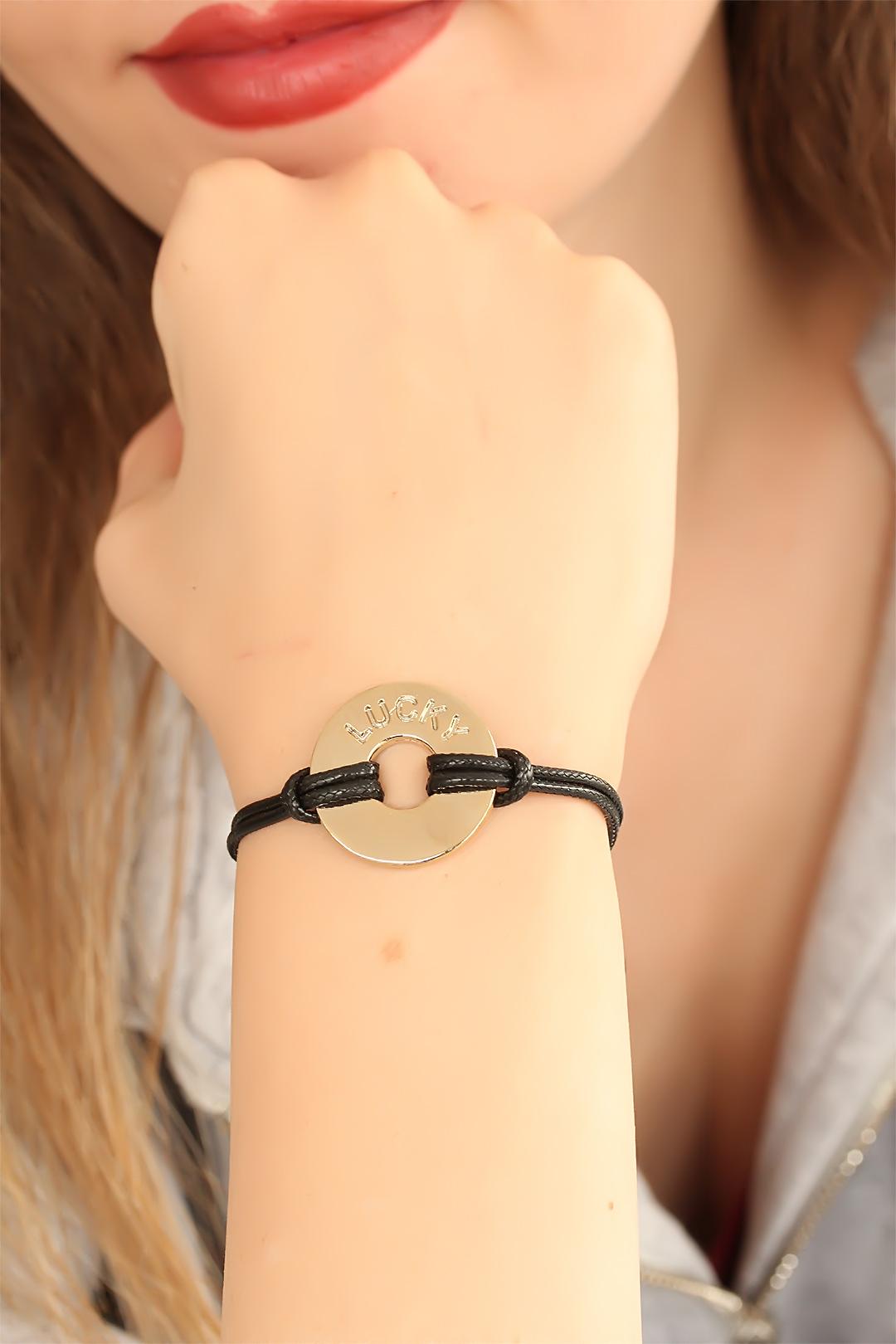 Lucky Yazılı Siyah Deri İpli Unisex Mood Bileklik